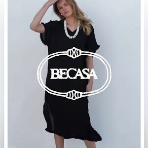 Becasa black fringe maxi / swimsuit coverup Size Small / Medium European Linen